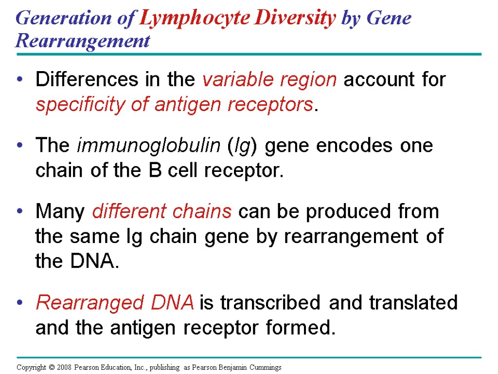Generation of Lymphocyte Diversity by Gene Rearrangement Differences in the variable region account for